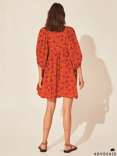 Floral Tie Neck Balloon Sleeve Dress