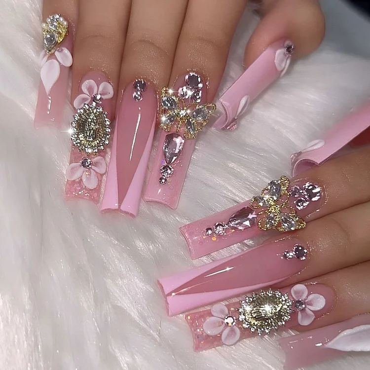 24pcs/Set 3D Sparkling Diamond Flowers Pink Wearable Nails Golden Butterfly Press On Nails