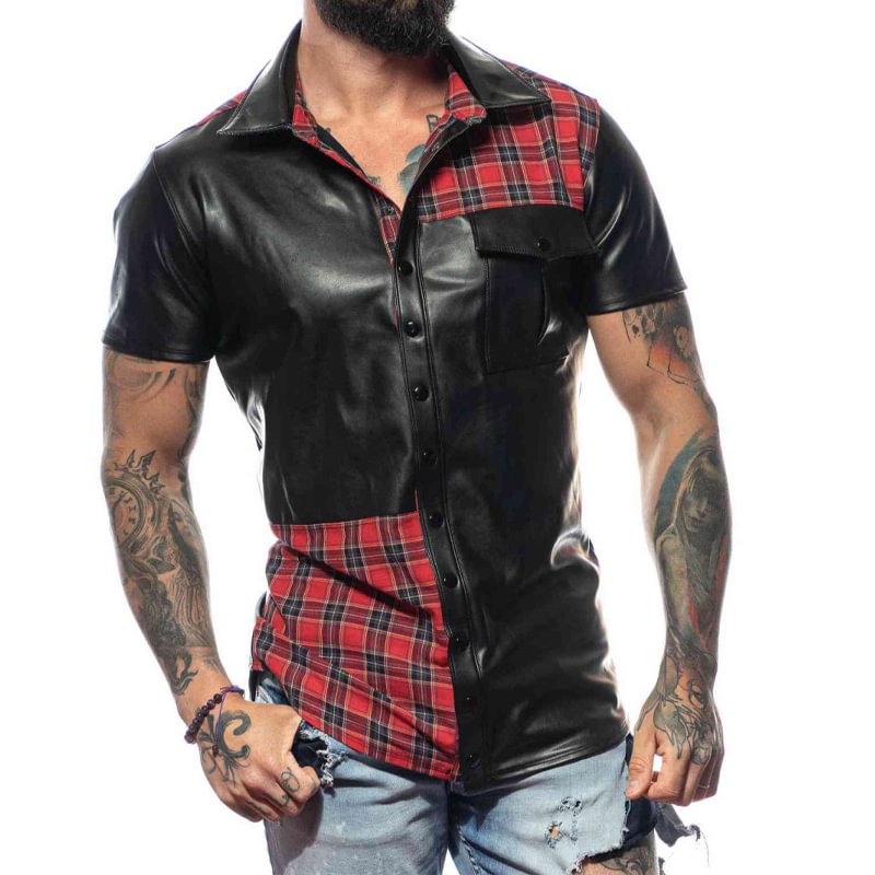 Leather Check Panel Short Sleeve Shirt、、URBENIE