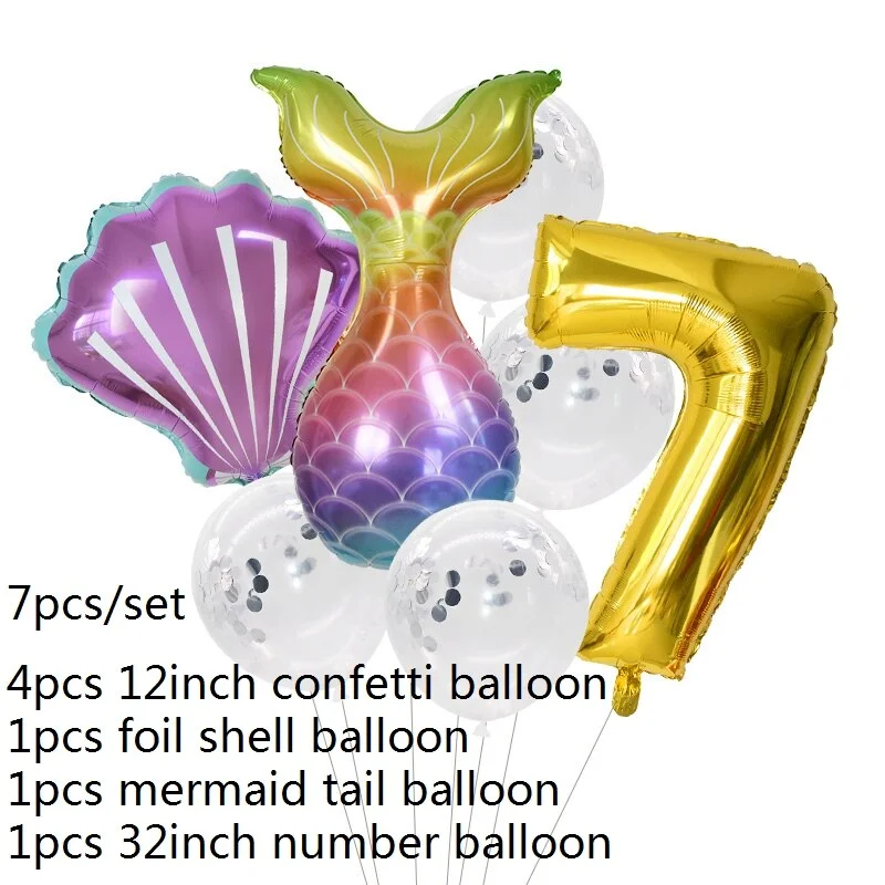 7pcs Mermaid Party Balloons 0 1 2 3 4 5 6 7 8 9 Number Foil Balloon Kids Birthday Party Decorations Baby Shower Helium Globos