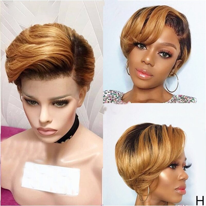 🔥Hot| Glueless Lace Front 🔥Black Mix Gold Short Wavy Bob Pixie Cut With Bangs US Mall Lifes
