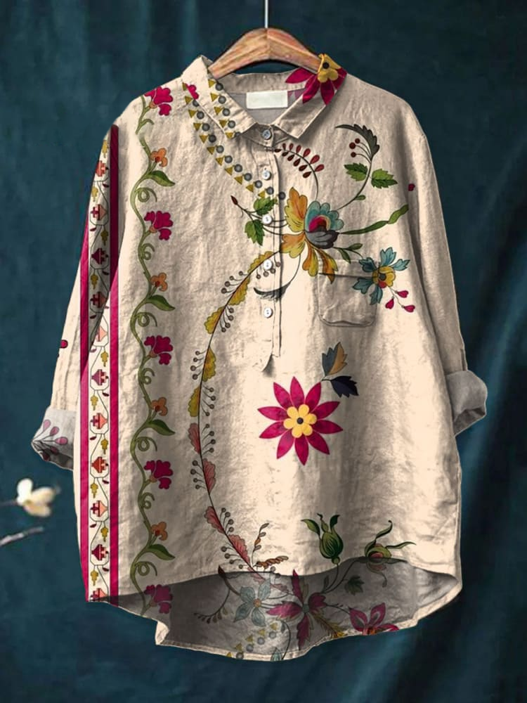 Womens Elegant Art Flower Pattern Casual Cotton And Linen Shirt