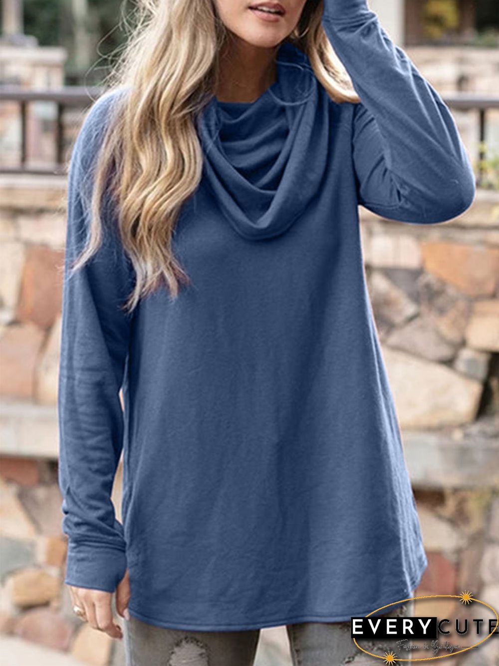 Women Plus Size Cowl Neck Vintage Long Sleeve Casual Tops