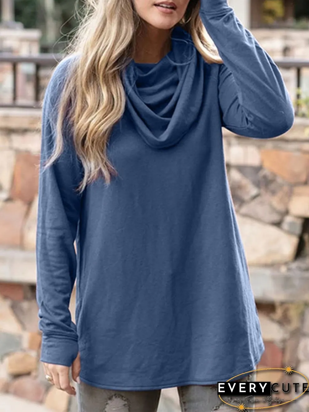 Women Plus Size Cowl Neck Vintage Long Sleeve Casual Tops