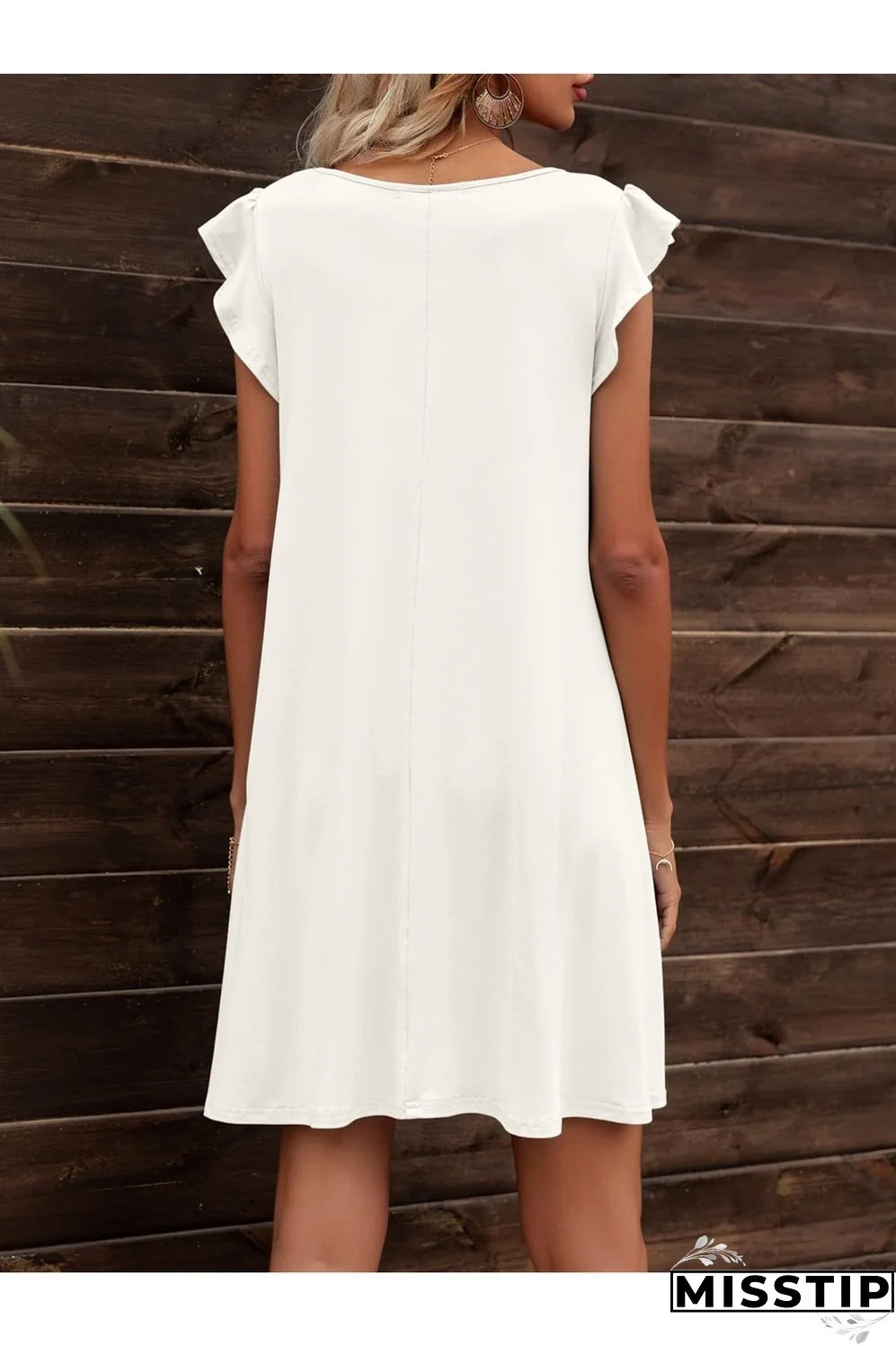 Round Neck Flutter Sleeve Dress with Pockets
