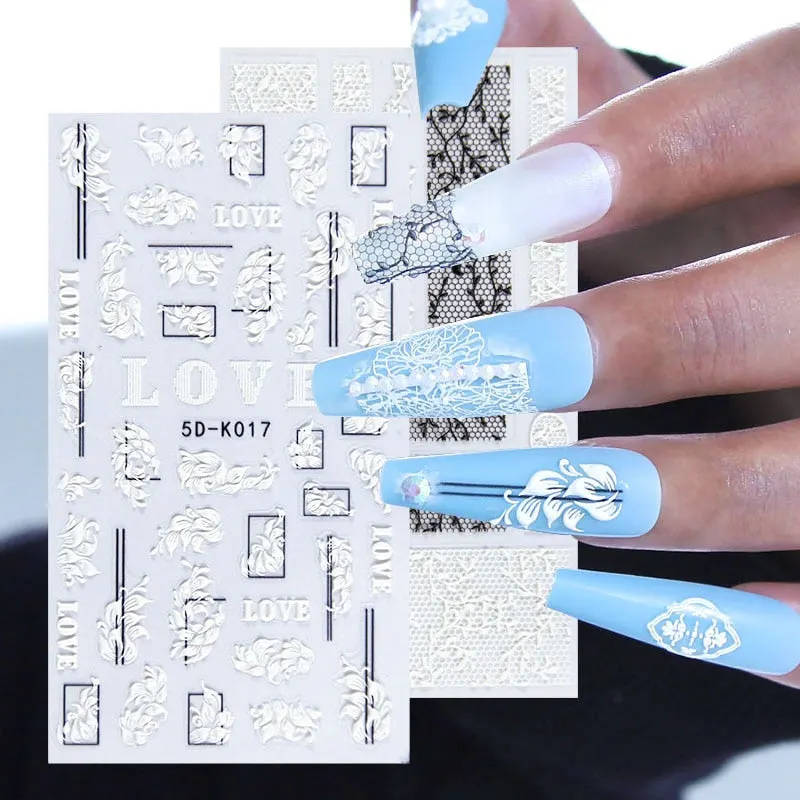 5D Butterfly Nail Sticker Engraved White Flower Sliders Embossed Lace Wedding Nail Art Design Monogram Decals Manicure Tools-Nail Inspo