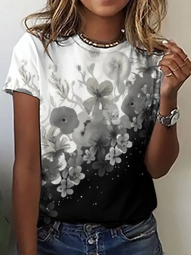 Printed Short Sleeve Casual T-shirt for  Women and Men Unisex Pattern Floral, Black, White