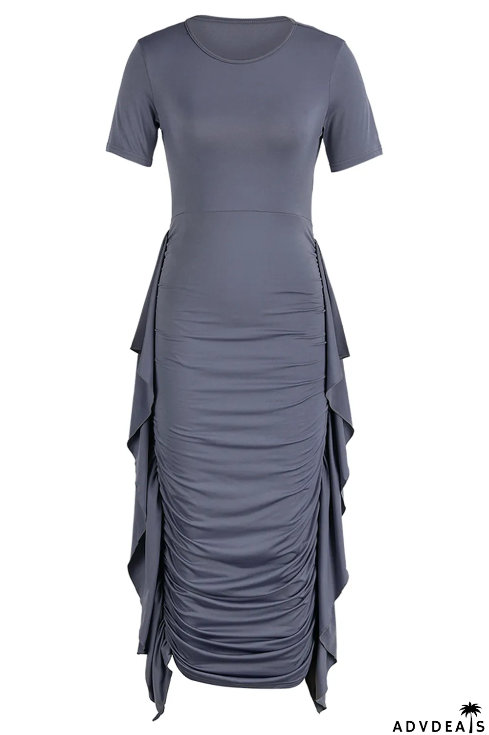 Brown Fashion Solid Flounce Fold O Neck Pencil Skirt Dresses