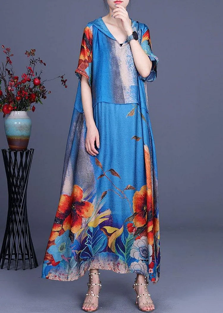 Simple Blue Print hooded Patchwork Silk Ankle Dress Summer