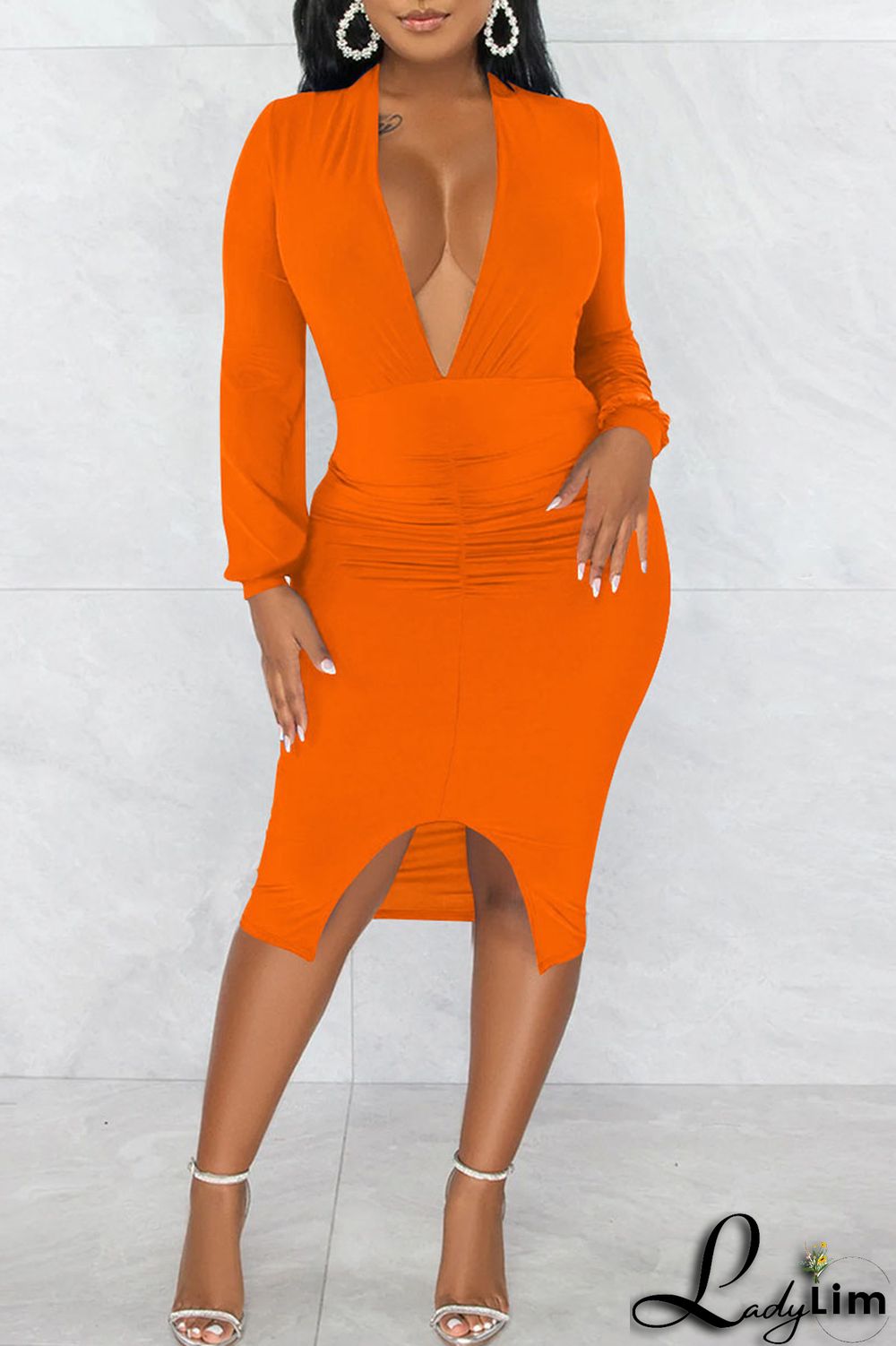 Orange Sexy Solid Patchwork Slit V Neck Long Sleeve Dresses