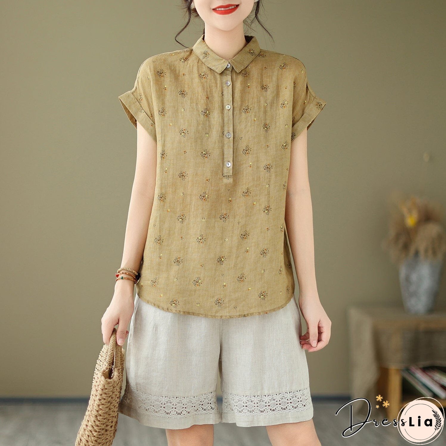 Women Summer Retro Print Linen Minimalist Tops