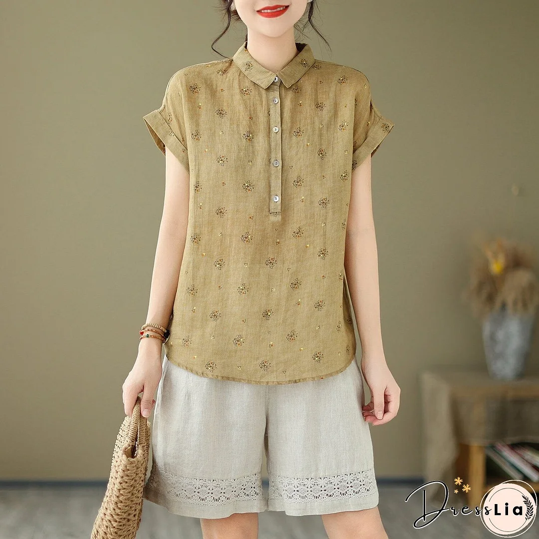 Women Summer Retro Print Linen Minimalist Tops