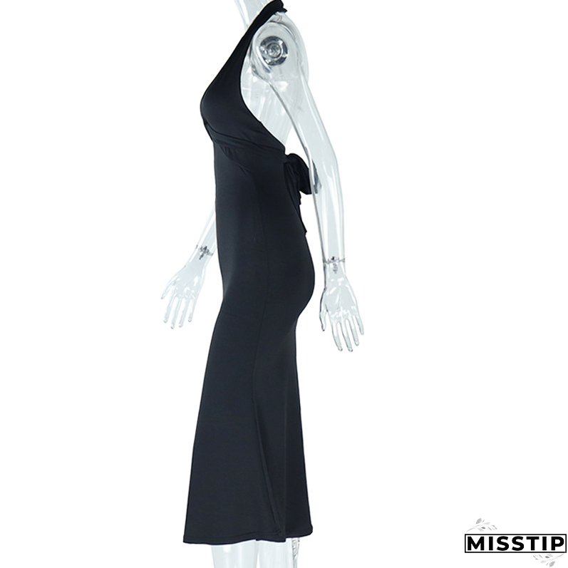 Women Solid Sexy Deep V-Neck Halter Neck Backless Dress