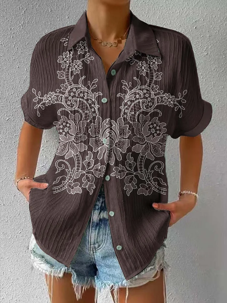Womens Elegant Floral Pattern Short Sleeve Textured Shirt