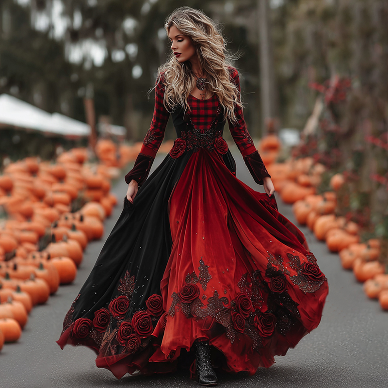 Women's Vintage Halloween Black Roses And Red Plaid Art Comfy Velvet Maxi Dress
