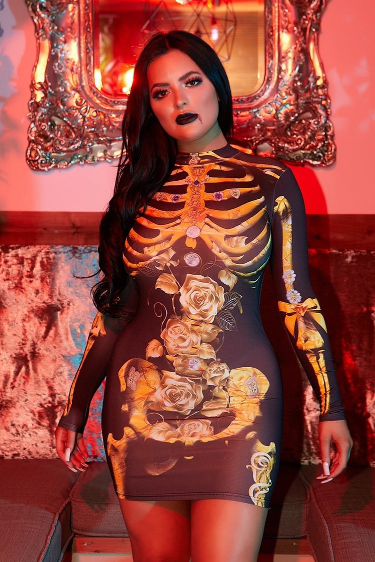 Black Long Sleeve Yellow Skeleton Dress Katch Me