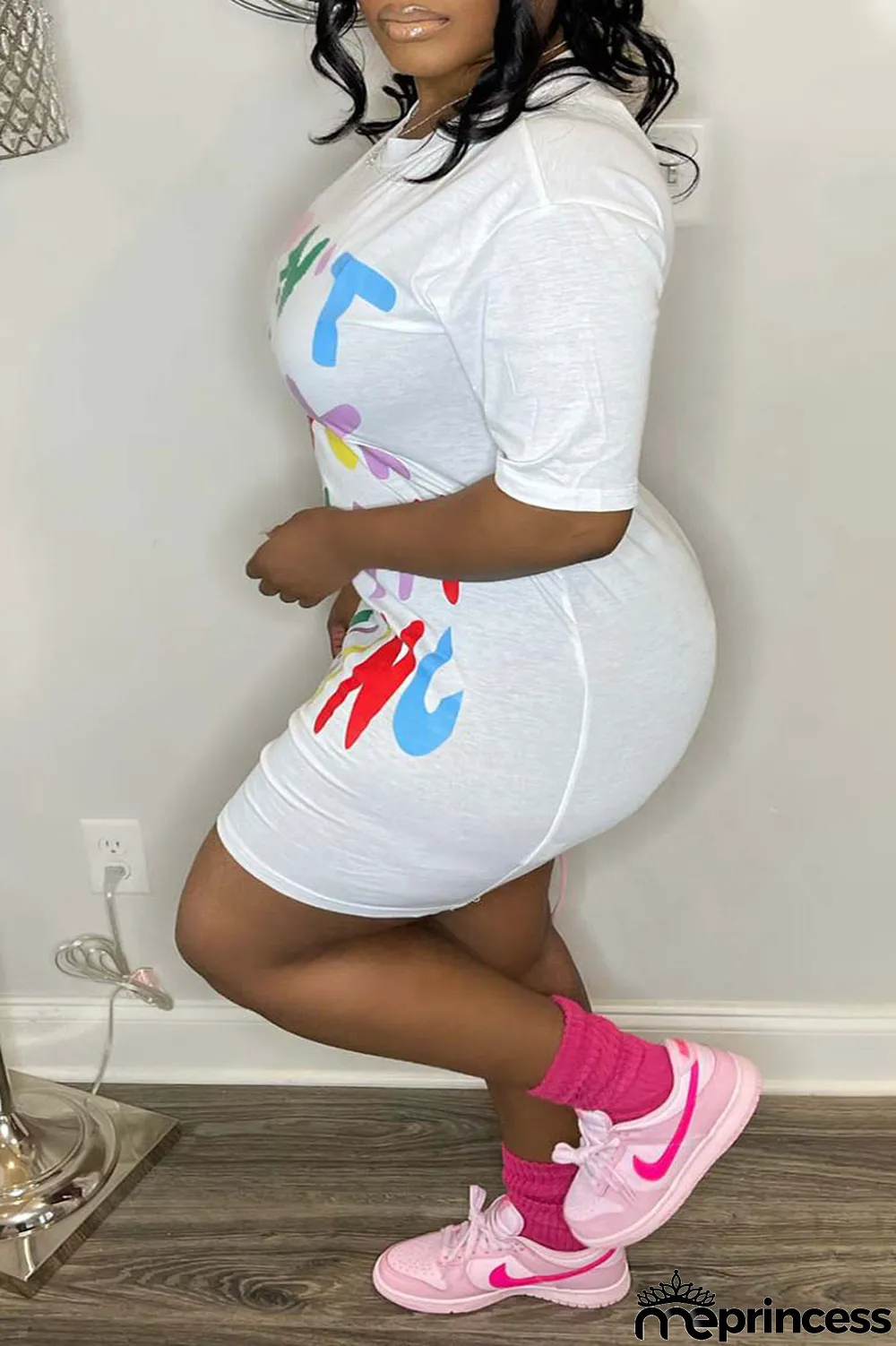 Grey Casual Print Patchwork O Neck Straight Plus Size Dresses