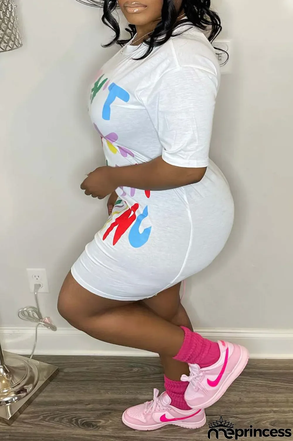 Grey Casual Print Patchwork O Neck Straight Plus Size Dresses