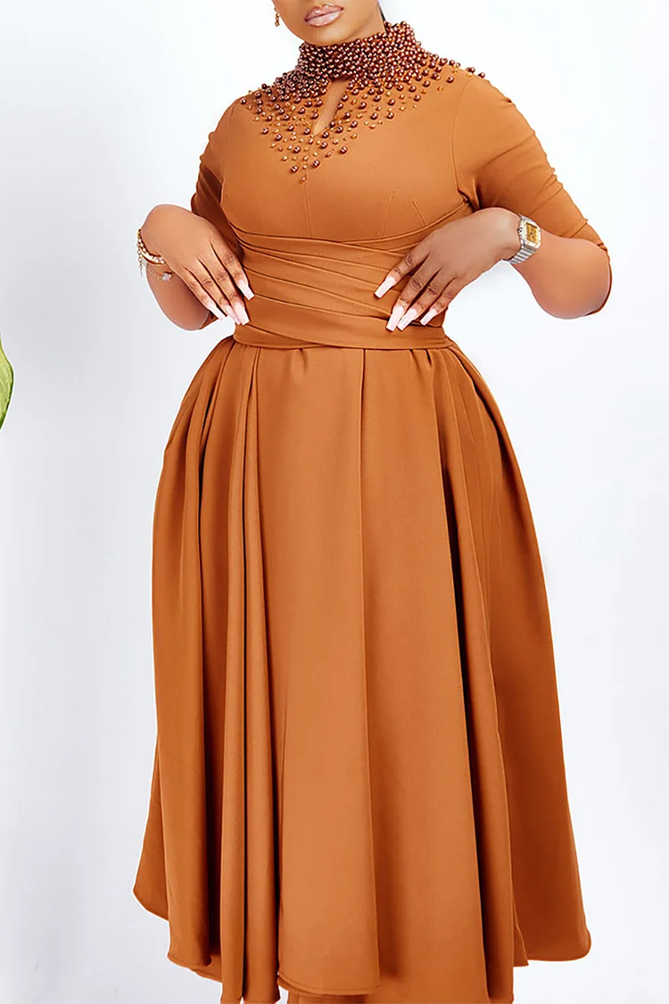 Beads Decor Stand Collar Half Sleeve A-Line Pleated Midi Dresses-Brown