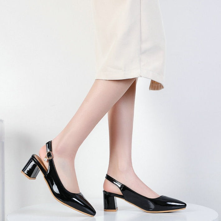 Women's PU patent leather slingback block heels pumps