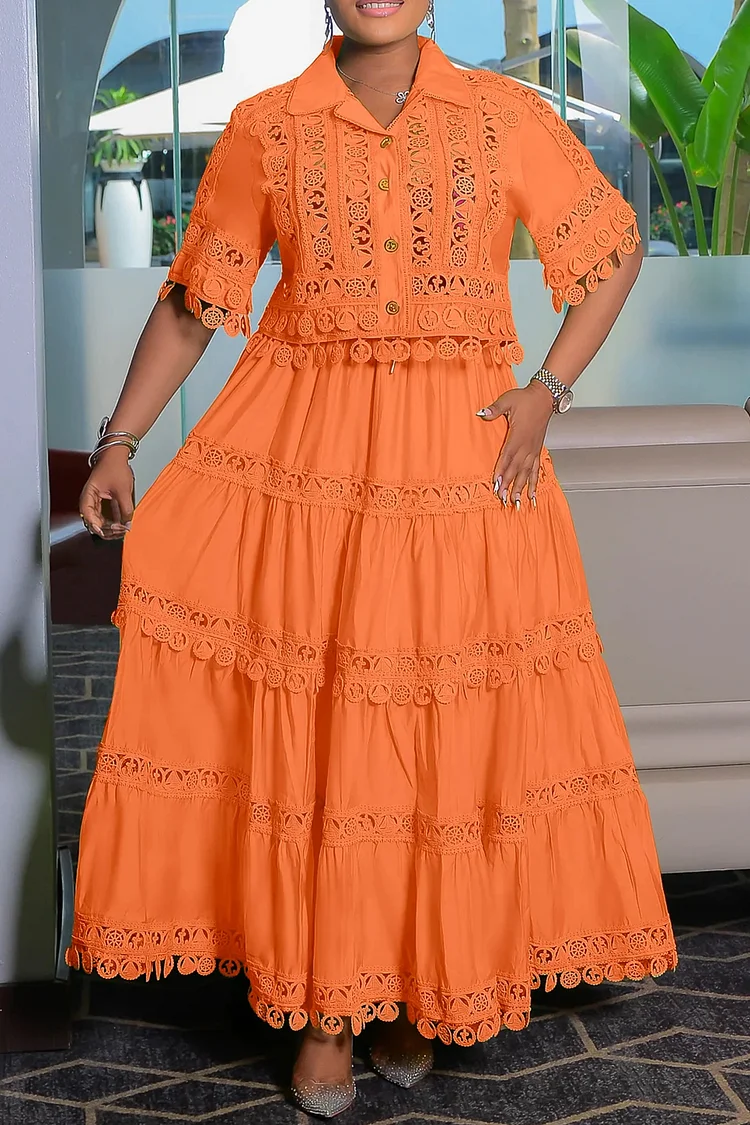 Plus Size Business Casual Orange Shirt Collar Short Sleeve See Through Pocket Lace Two Piece Skirt Sets [Pre-Order] 2024 - Xpluswear