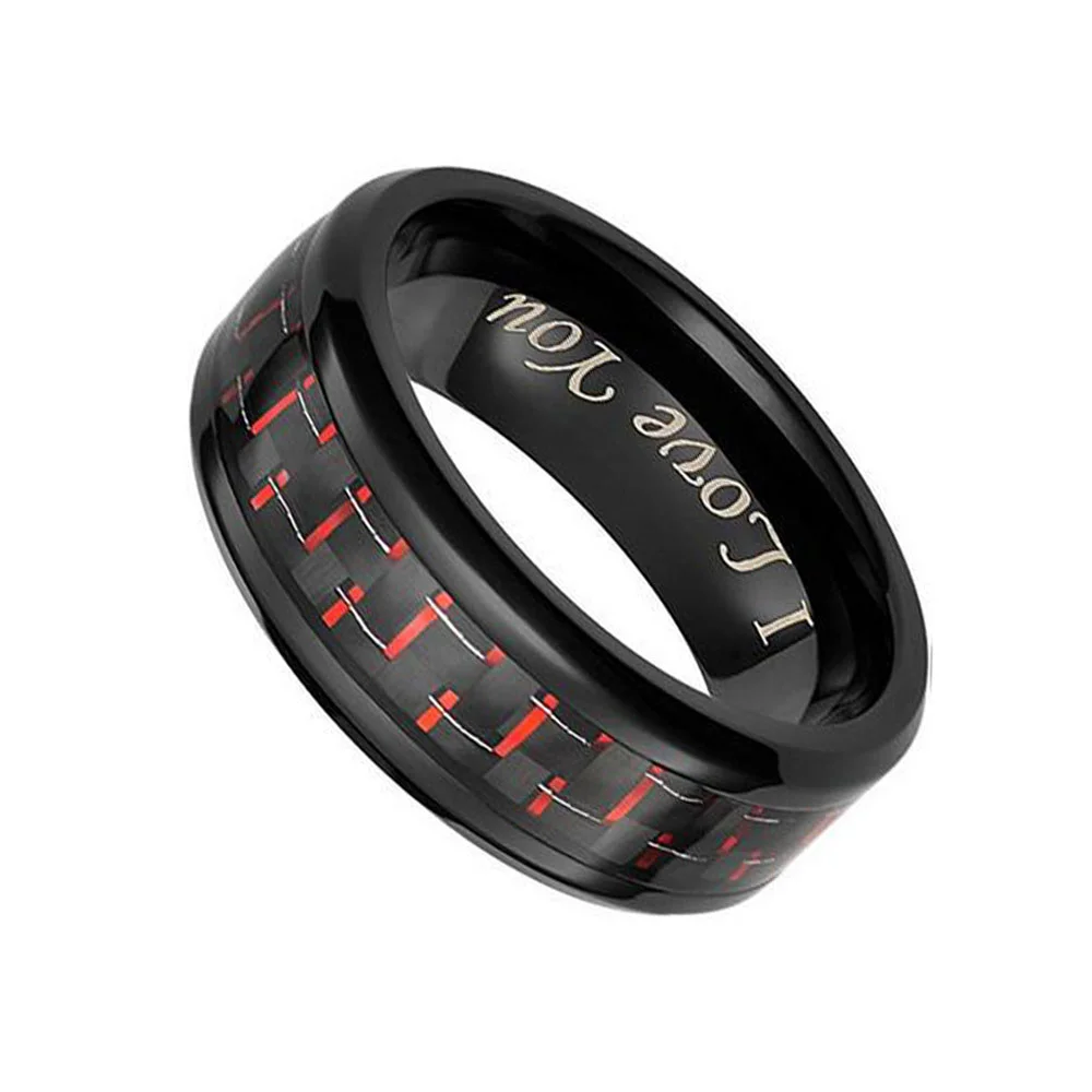 6MM 8MM I Love You Tungsten Carbide Red Carbon Fiber Inlay Polished For Women Wedding Bands