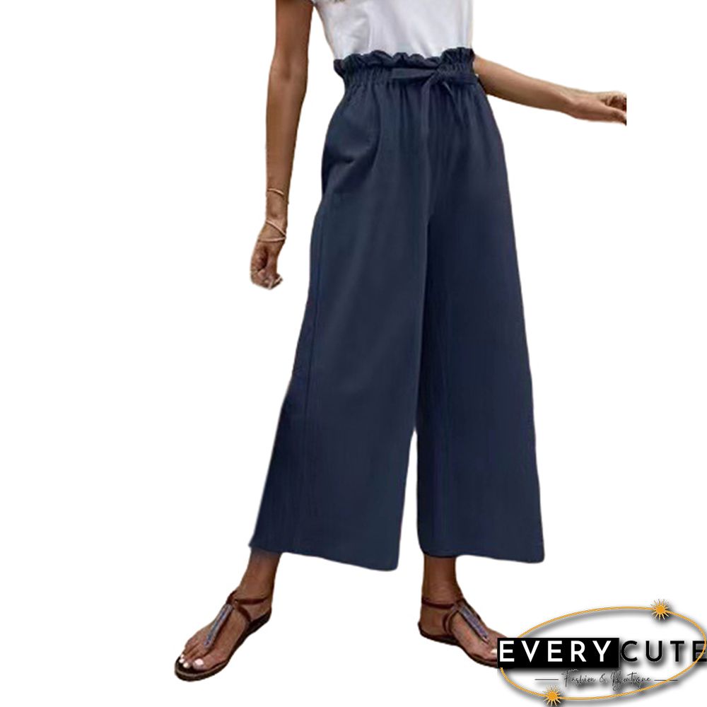 Navy Blue Ruffle Tie Waist Wide Leg Cropped Pants