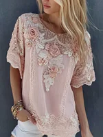 Women's Floral Embroidery Lace Linen Crew Neck T-shirt