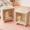 Personalized Cute Floral Bunny Bear Animals Wooden Clear Money Box Piggy Bank with Name Room Decor Birthday Gift for Girls Kids