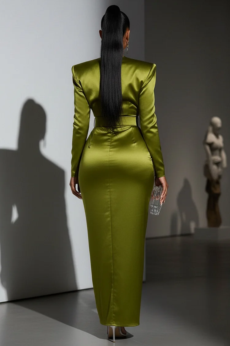 Shoulder Padded Wrinkle Overlap Slit Party Maxi Dresses-Green [Pre Order]