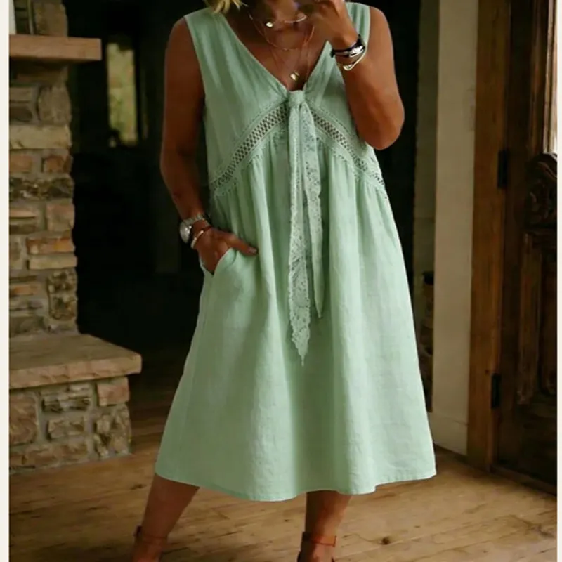 V-Neck Lace Splicing Sleeveless Loose A-Line Cotton Linen Midi Dress