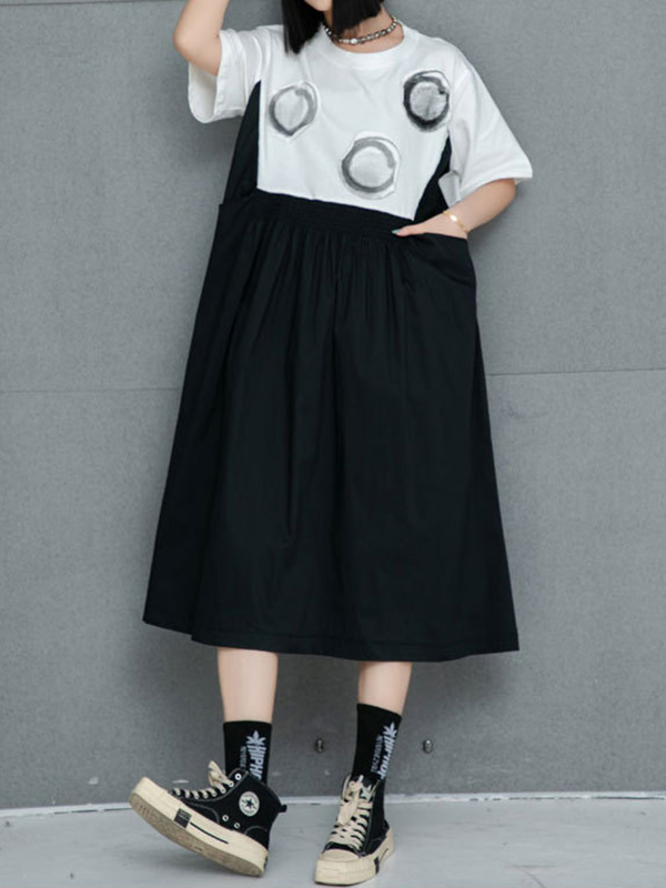 Loose Pocket Color Matching A-Line Midi Dress