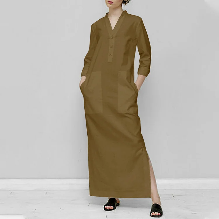 VChics Solid Color V-Neck Long Sleeved Slit Midi Dress