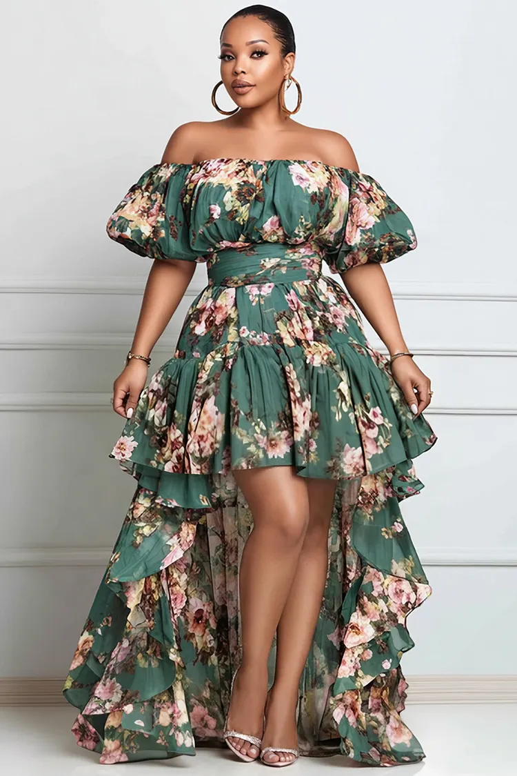 Xpluswear Design Plus Size Party Green Floral Off The Shoulder Puff Sleeve Short Sleeve High Low Hem Ruffle Mini Dresses [Pre-Order] 2024 - Xpluswear