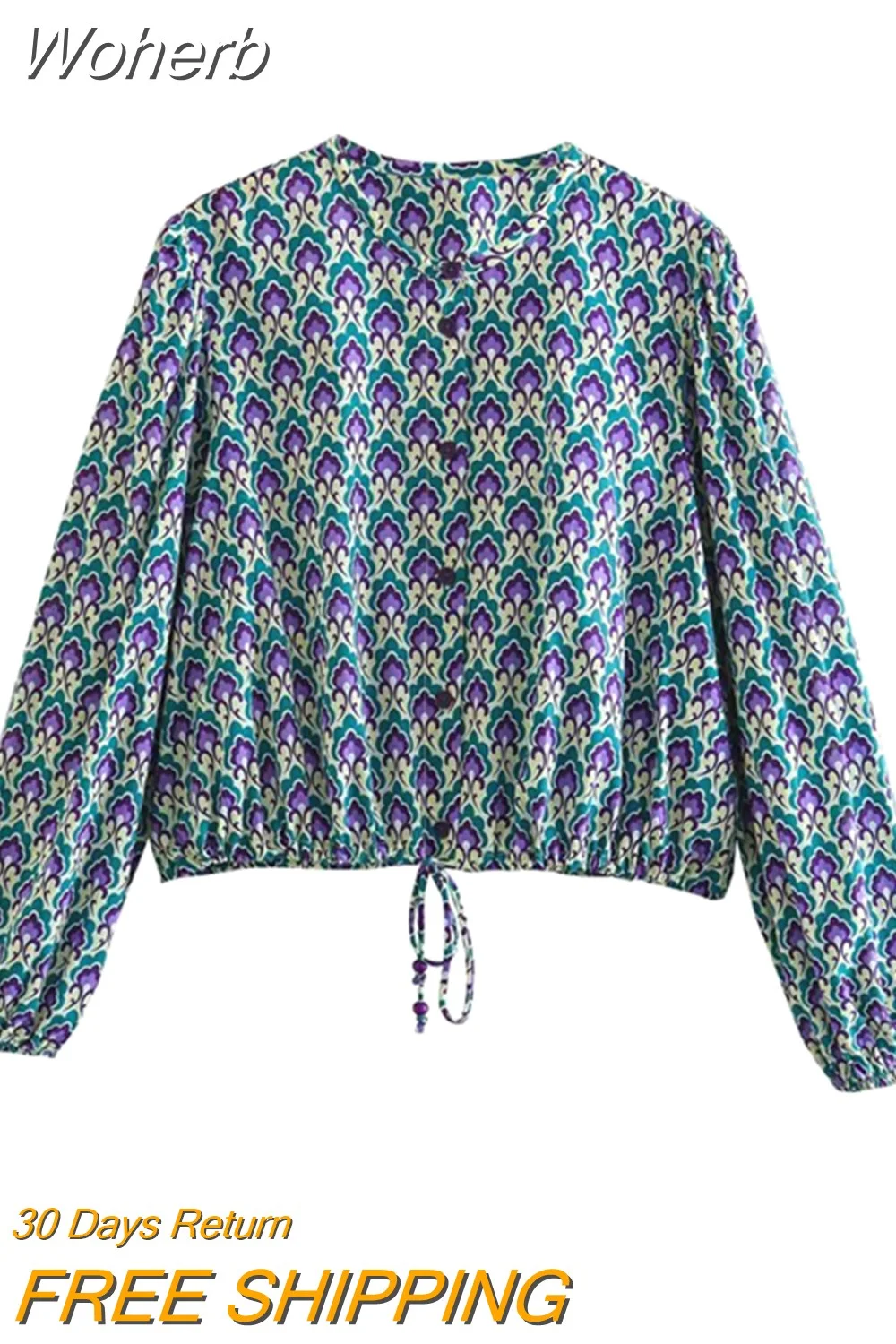 Woherb 2023 Women Summer Blouses Shirts Tops Fashion Print Single Breasted Drawstring Bow Poplin Female Casual Elegant Tops