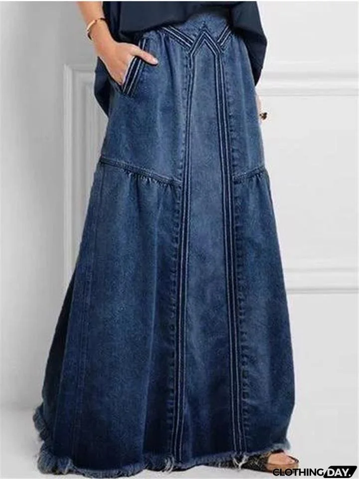 Elastic Waistband Long Denim Skirt