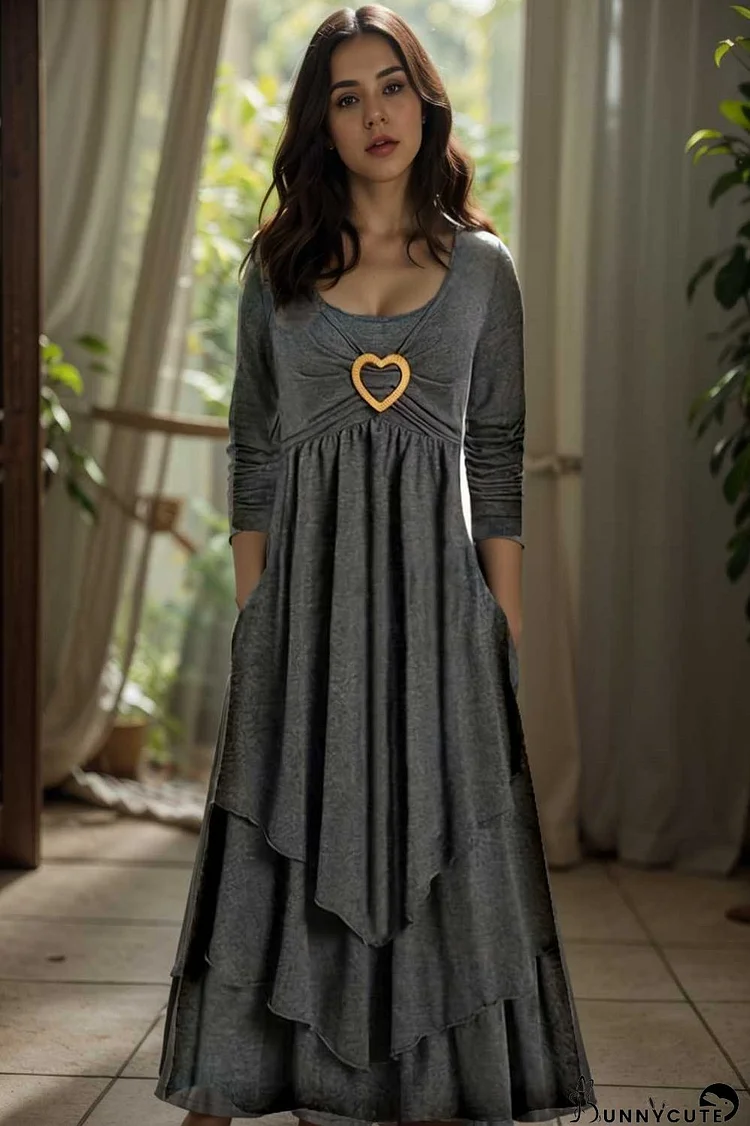 plus size elegant dress women s plus plain long sleeve layered heart ring decor round neck maxi dress