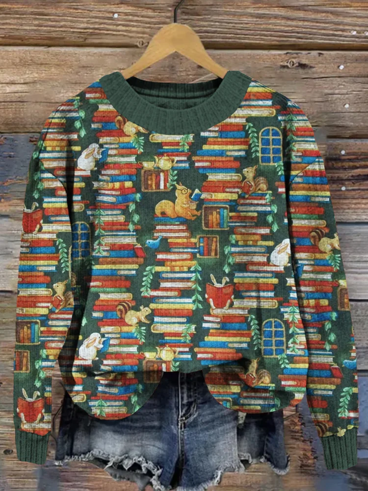 Comstylish Books Rabbits Squirrels Pattern Vintage Cozy Sweater