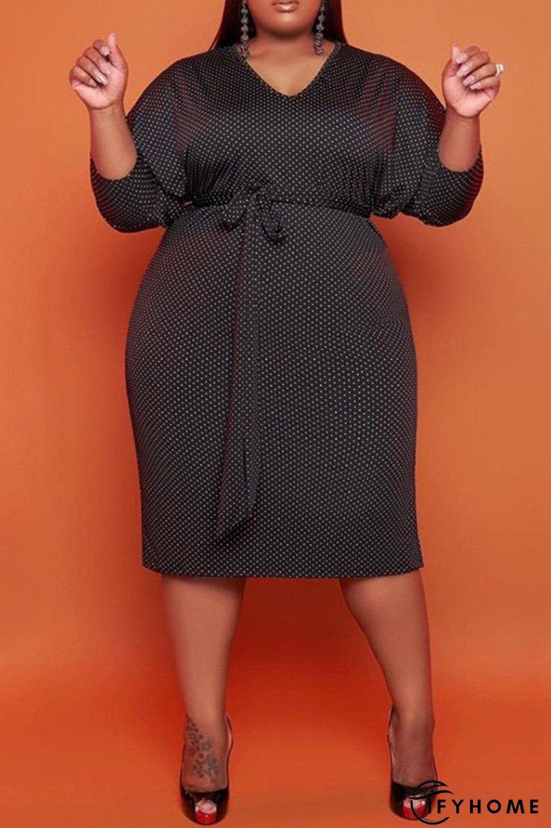 Fashion Casual Dot Print Basic O Neck Long Sleeve Plus Size Dresses | IFYHOME