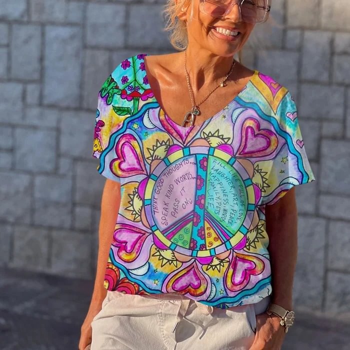 Hippie Imagine Print V-Neck Casual T-Shirt