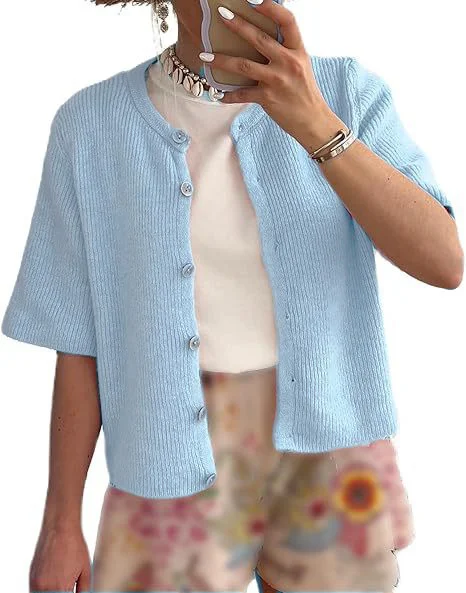 Wongn Wongn Women's New Short-Sleeved Knit Cardigan Solid Color Half Open Collar Button Sweater Women's Women's Casual Cardigan