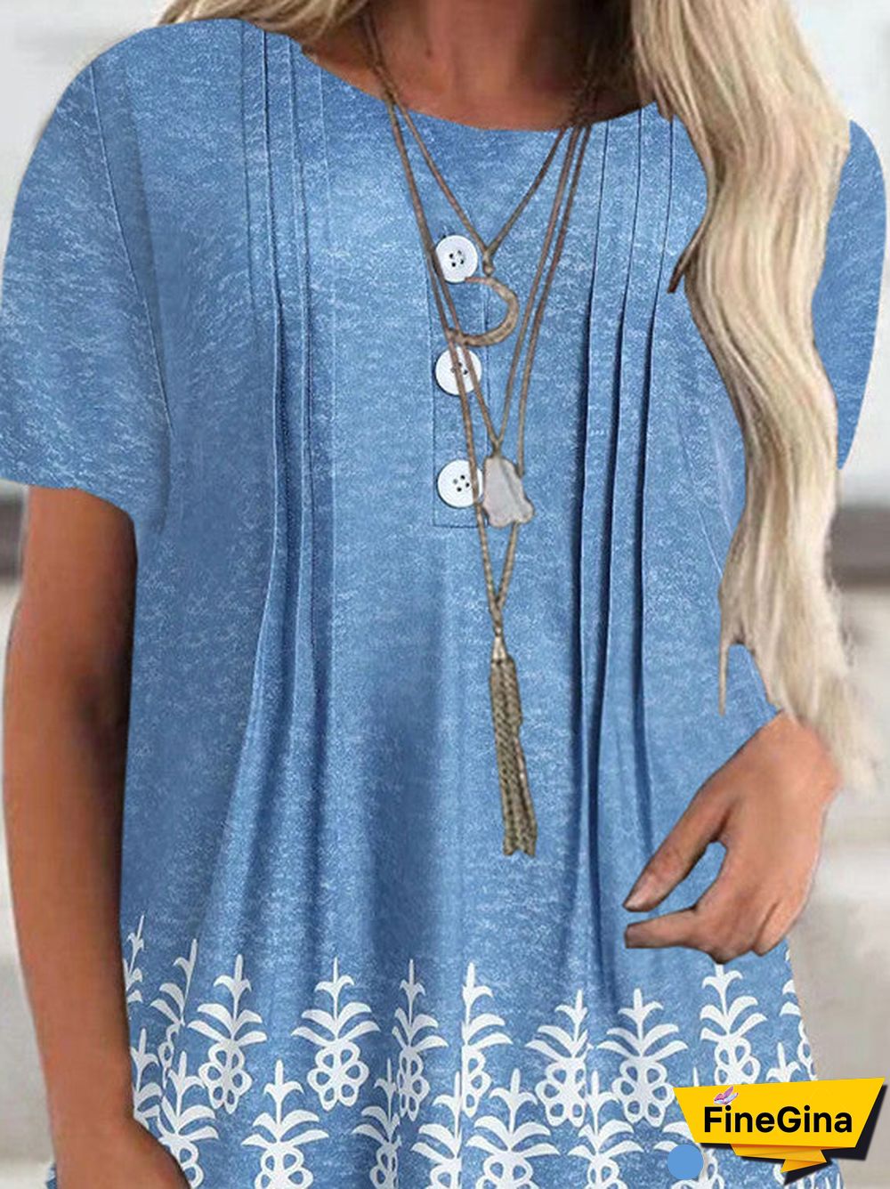 Women Short Sleeve Scoop Neck Floral Printed Button Tops