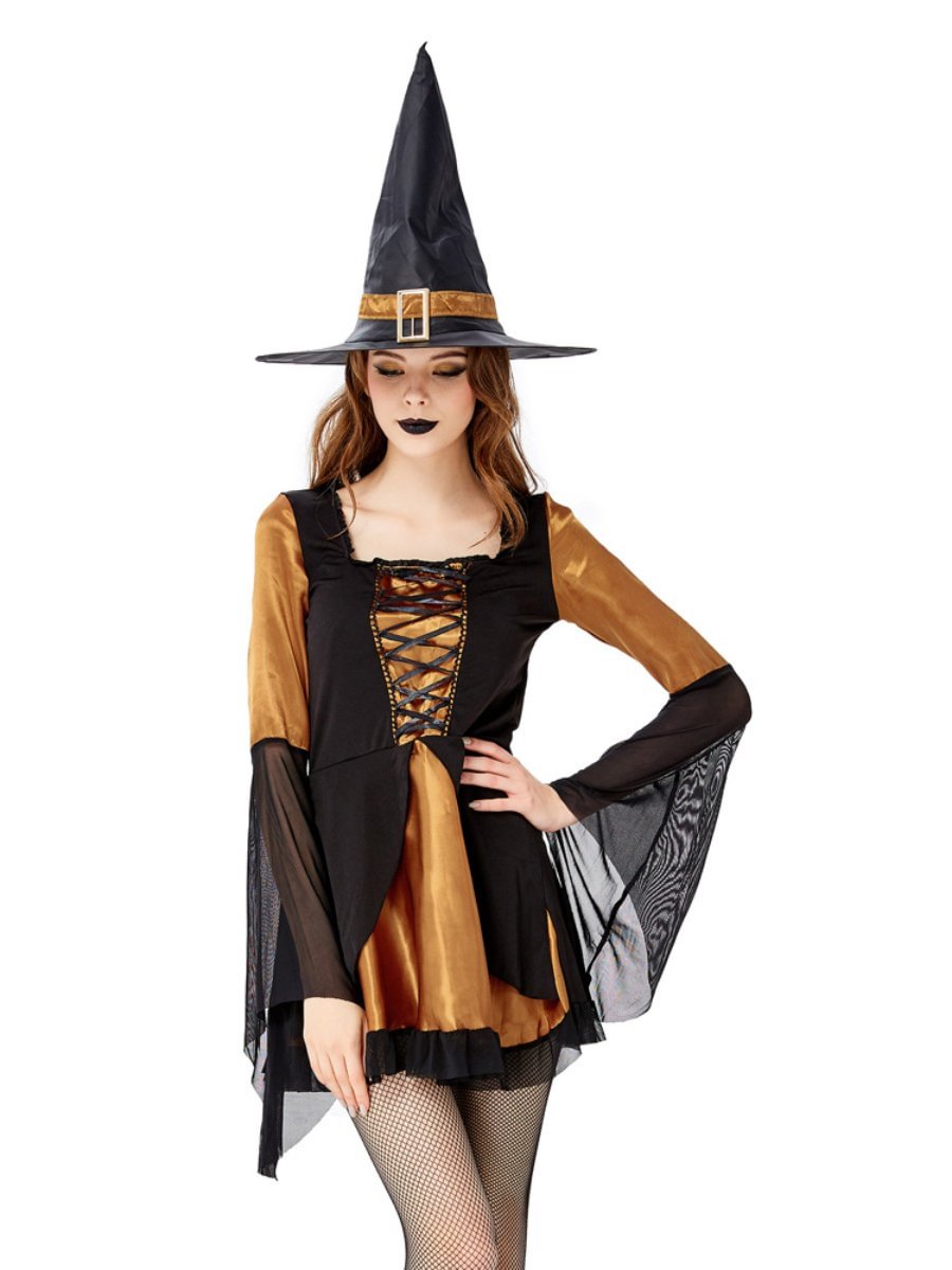 Halloween Witches Costumes Lace Up Mesh Mini Dress & Hat