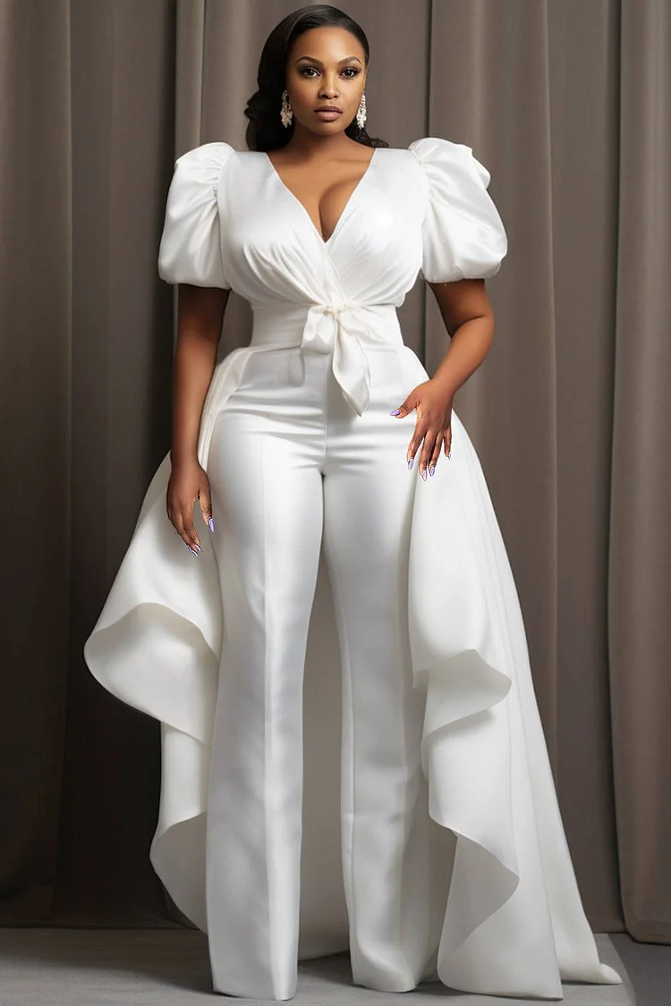 Xpluswear Design Plus Size Formal Elegant White V Neck Puff Sleeve Short Sleeve Detachable Overskirt Pocket Satin Jumpsuits [Pre-Order]