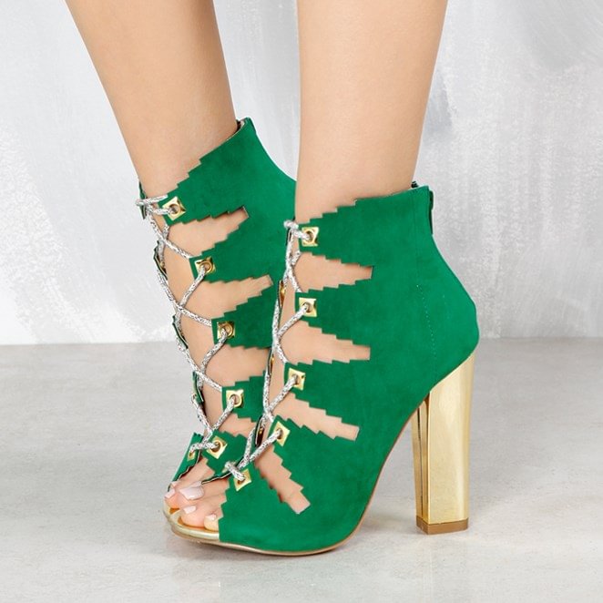 Deep Green Lace Up Summer Boots Suede Peep Toe Chunky Heels Sandals |FSJ Shoes