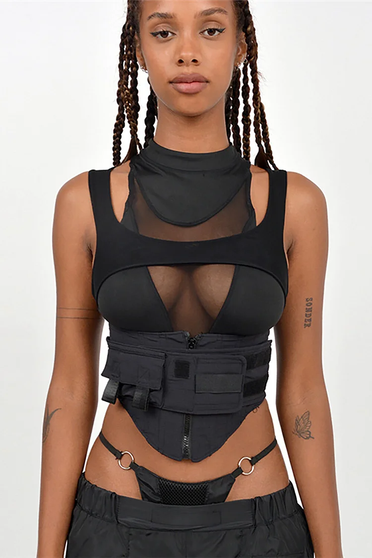 Mesh Patchwork Sleeveless Slim Fit Irregular Crop Top-Black