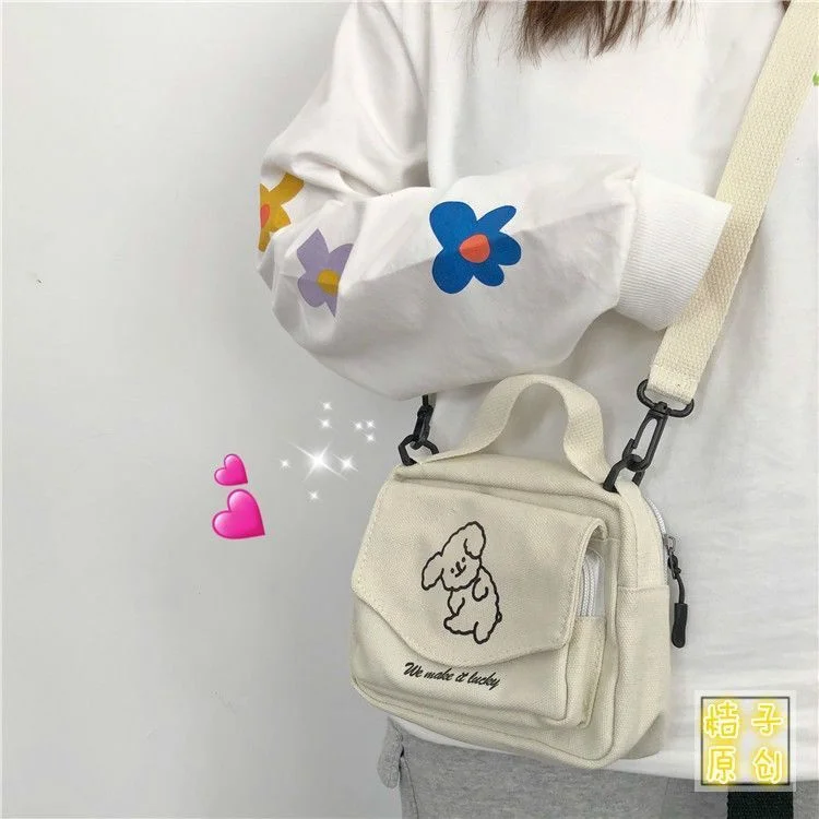 Cute Soft Cute Dog Canvas Small Bag Korean Style Small Fresh Girl Messenger Mobile Phone Multifunctional Bolsa Mochila Mujer