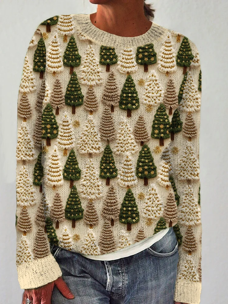Comstylish Christmas Tree Embroidery Art Casual Cozy Knit Sweater