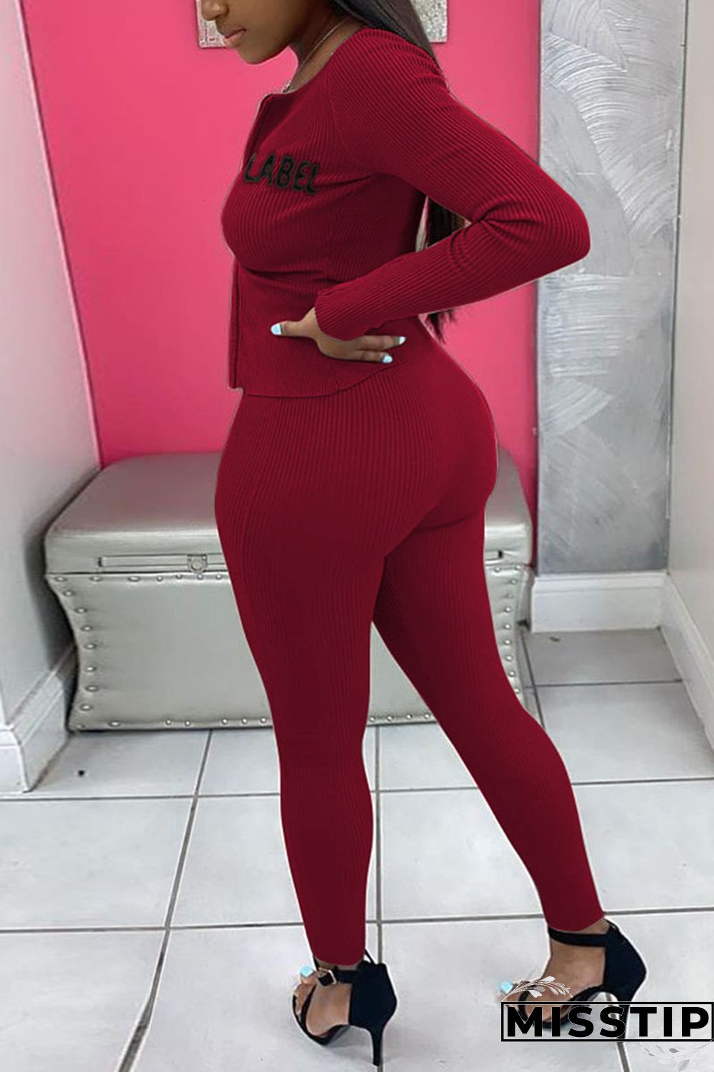 Coffee Casual Knitting Letter Patchwork Solid Embroidered Patchwork Cardigan Pants Basic Zipper Collar Long Sleeve Regular Sleeve Regular Two Pieces