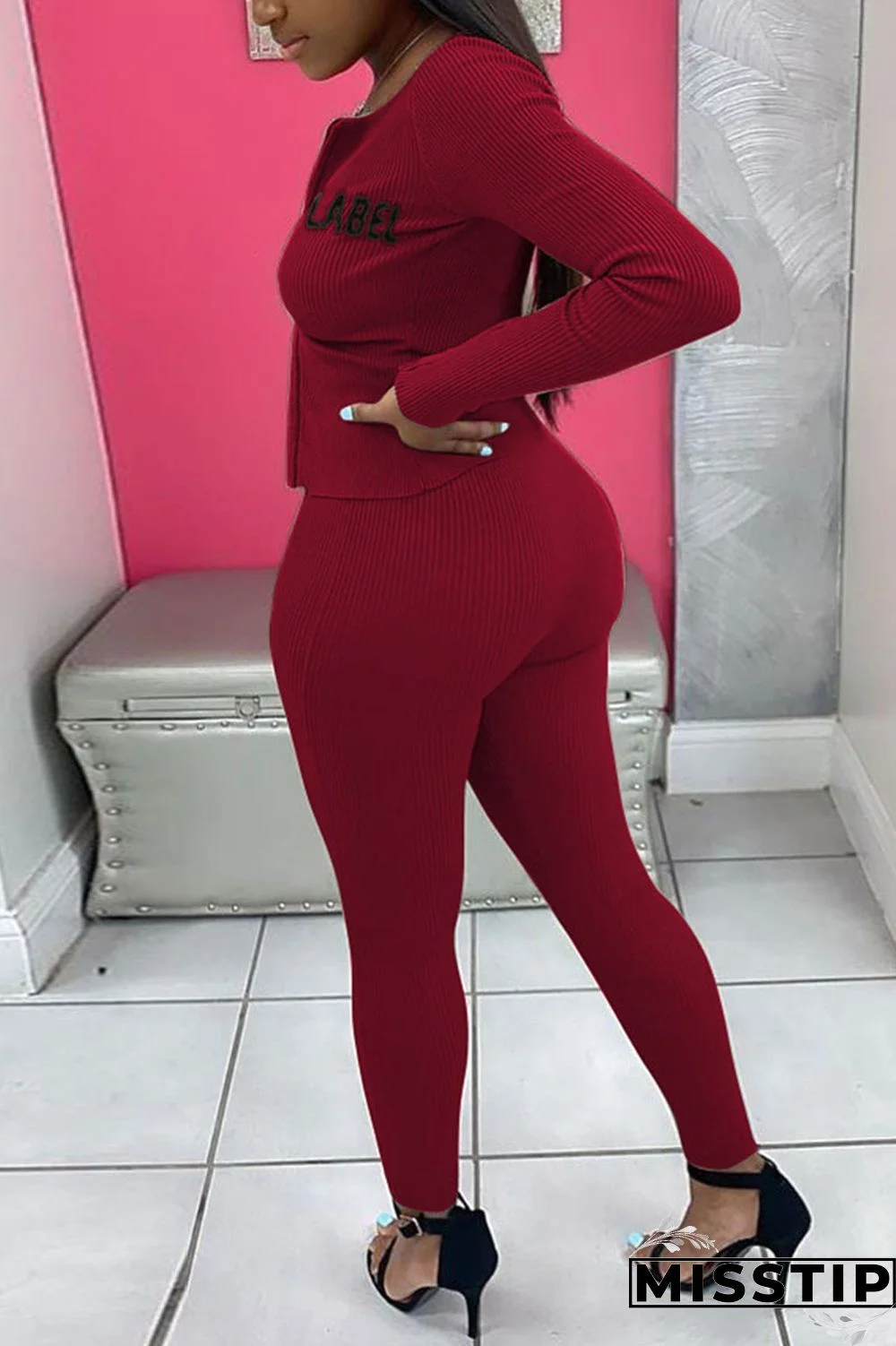 Coffee Casual Knitting Letter Patchwork Solid Embroidered Patchwork Cardigan Pants Basic Zipper Collar Long Sleeve Regular Sleeve Regular Two Pieces